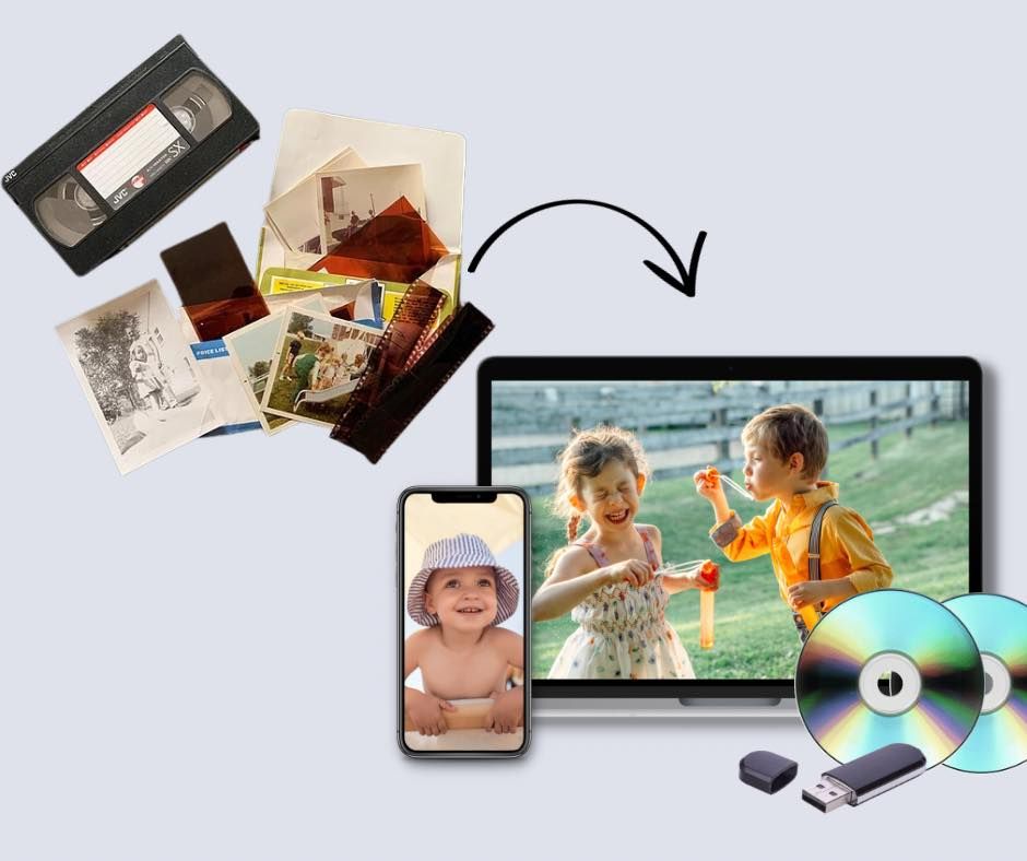 Old VHS tapes and photos being converted into digital files on a laptop, phone, and USB drive